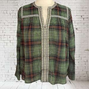 J Crew Plaid Peasant Top Sz 6 Womens Embroidered Ribbons Madras Cotton Blouse